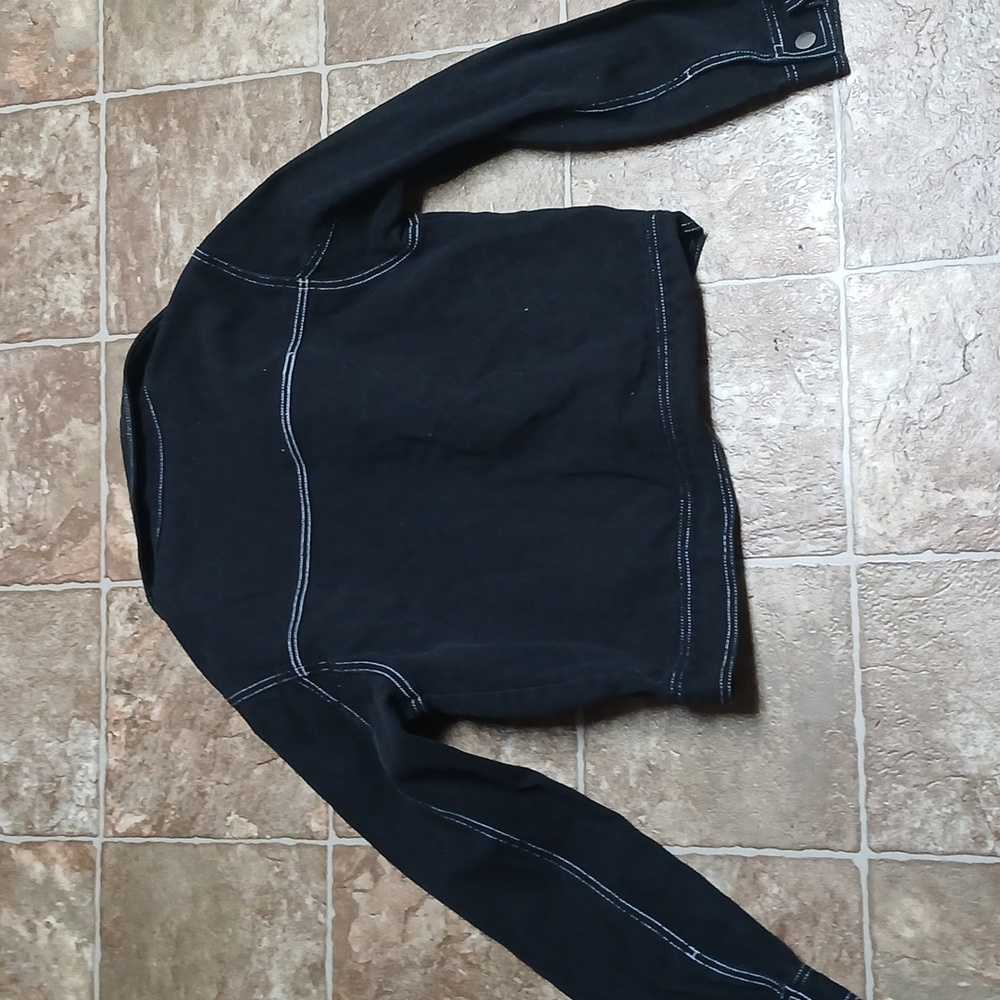 Forever 21 Black Denim Jacket 'Thanks' Patch Size Medium - Picture 4 of 5